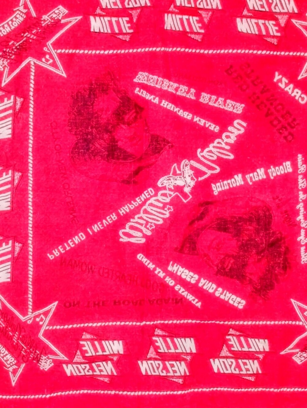 Vintage 1970s Willie Nelson Song Titles Tour Bandana Red